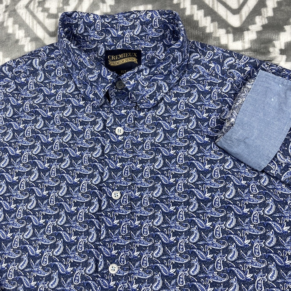 Cremieux Premium Denim Shirt Mens XLT Paisley Stretch Button Flip Cuff - Picture 3 of 12